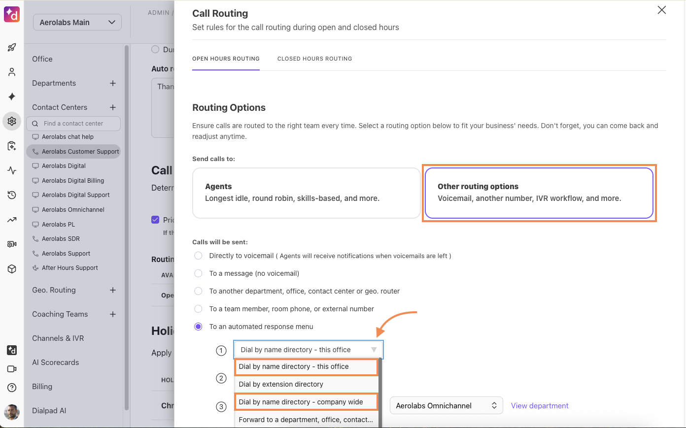 Screenshot of Dialpad Call Routing settings, with orange highlights on the 'Other routing options' card and an arrow pointing to the dropdown menu under 'To an automated response menu', where 'Dial by name directory - this office' and 'Dial by name directory - company wide' are highlighted.