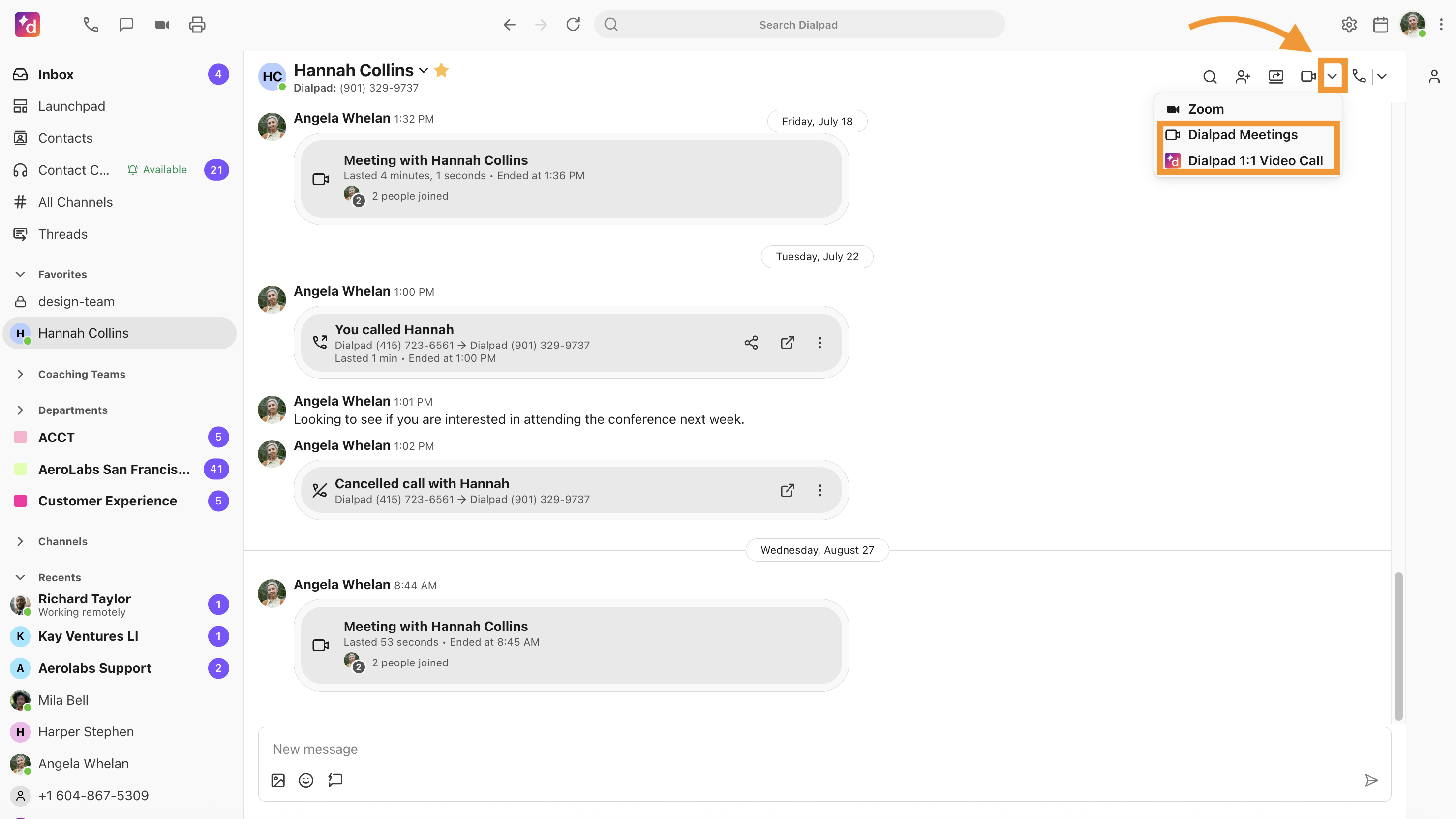 Screenshot of a Dialpad conversation with an orange highlight emphasizing the drop-down menu options for 'Dialpad Meetings' and 'Dialpad 1:1 Video Call'.