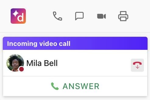 An incoming video call notification banner in Dialpad, displaying a prominent green 'ANSWER' button at the bottom.