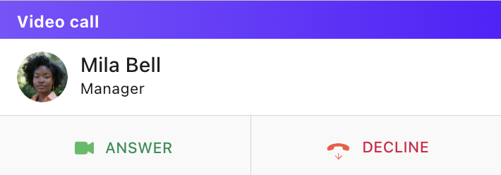 A pop-up alert window for an incoming video call, showing side-by-side options to 'ANSWER' in green or 'DECLINE' in red.