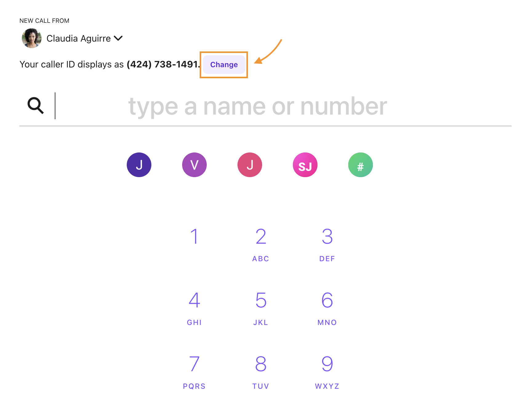 Screenshot of the Dialpad dialer screen, with an orange arrow and box highlighting the 'Change' button next to the caller ID display.