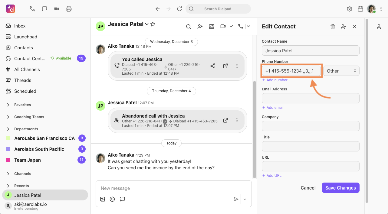 creenshot of the Dialpad Edit Contact panel, with an orange arrow and box highlighting the Phone Number field containing commas used for extension dialing pauses.