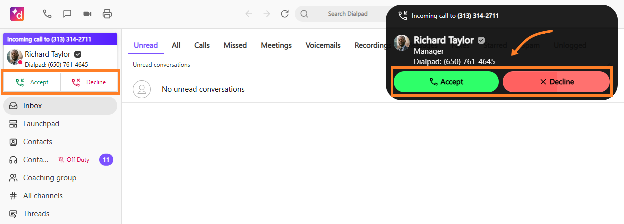 Screenshot showing both an in-app incoming call notification banner and a pop-up alert in Dialpad, with orange boxes highlighting the Accept and Decline buttons on both.