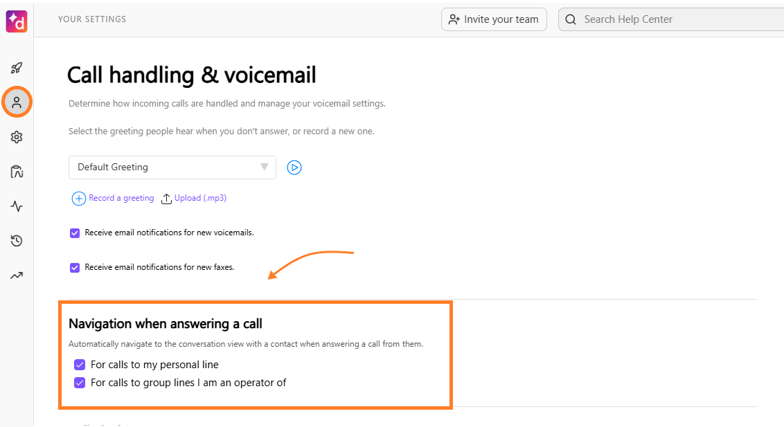 Screenshot of Dialpad user settings under Call handling & voicemail, with an orange circle highlighting the profile settings icon and an orange arrow pointing to the 'Navigation when answering a call' section.