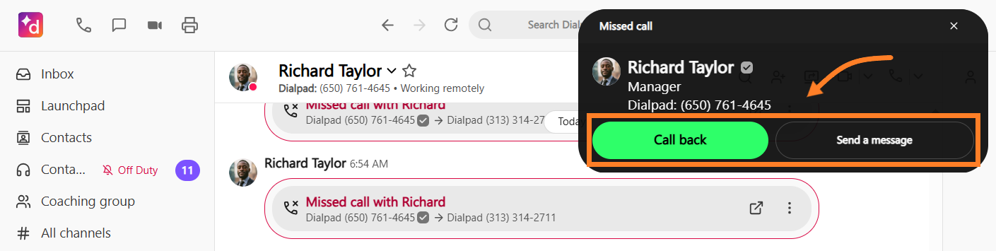 Alt Text Option  "Screenshot of a missed call pop-up notification in Dialpad, with an orange arrow and box highlighting the 'Call back' and 'Send a message' buttons.