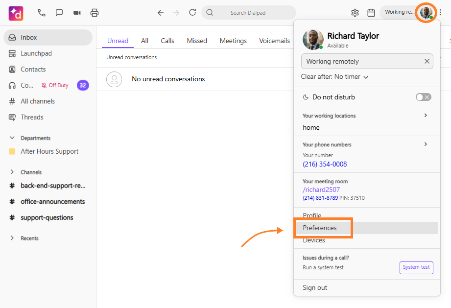 Screenshot of the Dialpad app, with an orange circle highlighting the user avatar in the top right corner and an orange arrow pointing to the highlighted 'Preferences' option in the drop-down menu.