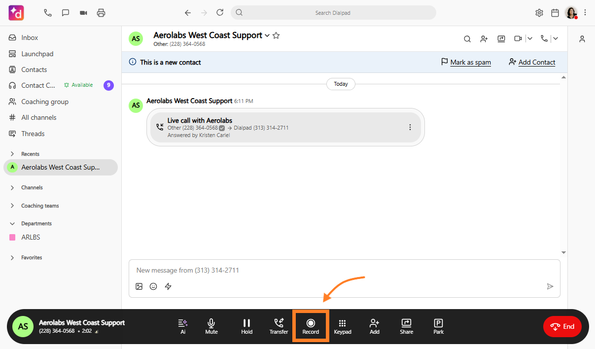 Screenshot of an active call in Dialpad, with an orange arrow and box highlighting the Record button on the bottom call bar.