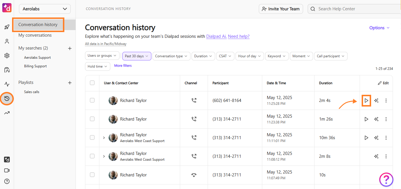 Screenshot of Dialpad's Conversation History page, with orange boxes highlighting the 'Conversation history' section header and a play button icon beside a listed call.