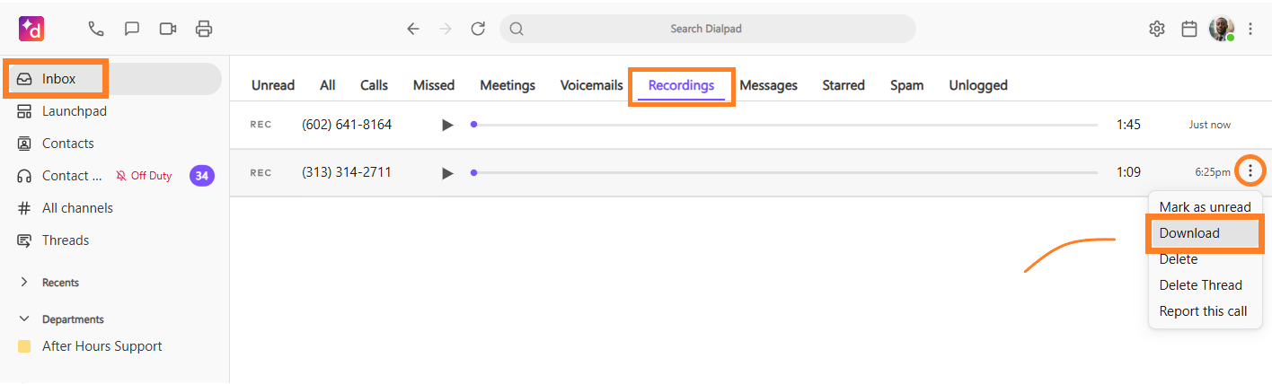 Screenshot of the Dialpad Inbox under the Recordings tab, with orange boxes highlighting the three-dots Options menu and the 'Download' option in the drop-down menu.