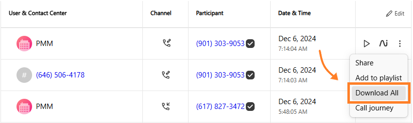 Screenshot of the options menu in Dialpad Conversation History, with an orange arrow and box highlighting the 'Download All' option for a call with multiple recording segments.