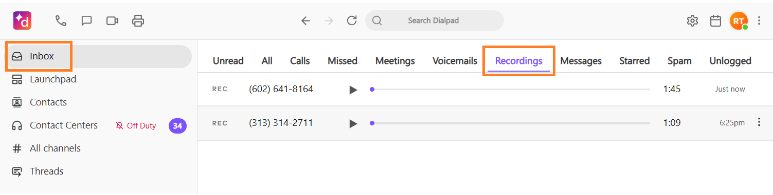 Screenshot of the Dialpad Inbox, with orange boxes highlighting the 'Inbox' navigation item on the left and the selected 'Recordings' tab at the top.