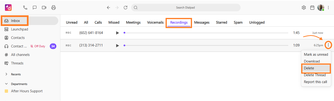 Screenshot of the Dialpad Inbox under the Recordings tab, with orange boxes highlighting the three-dots Options menu and the 'Delete' option in the drop-down menu.