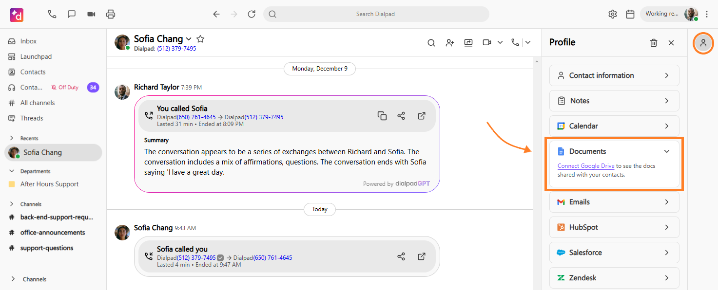 Screenshot of the right-hand Profile sidebar in Dialpad, with an orange circle highlighting the Profile toggle icon in the top right and an orange arrow pointing to a box around the Documents section and the 'Connect Google Drive' link.