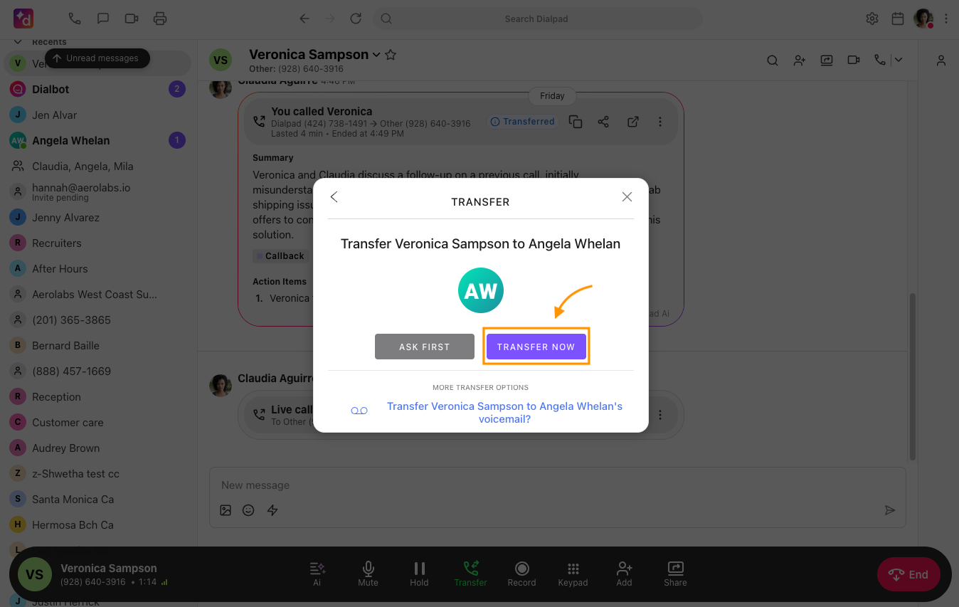 Screenshot of the Dialpad Transfer modal, with an orange arrow and box highlighting the 'TRANSFER NOW' button next to 'ASK FIRST'.