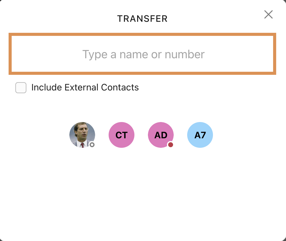 Screenshot of the Dialpad Transfer pop-up window, with an orange box highlighting the 'Type a name or number' search field.