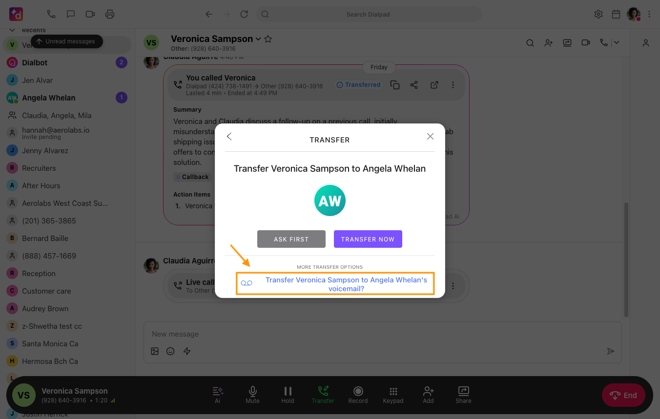 Screenshot of the Dialpad Transfer modal, with an orange arrow and box highlighting the 'Transfer Veronica Sampson to Angela Whelan's voicemail?' option under More Transfer Options.