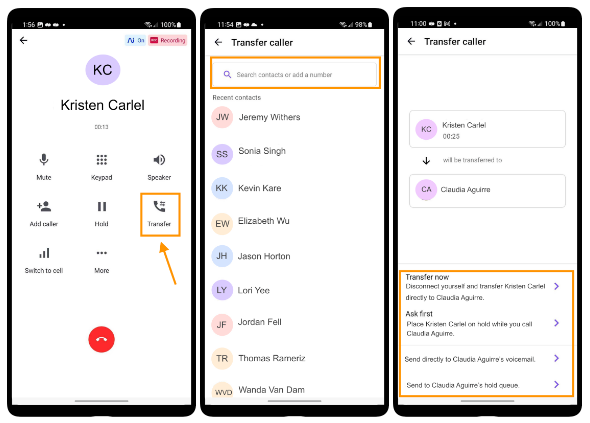 Three smartphone screens demonstrating call transfer in the Dialpad mobile app: the first highlights the Transfer button, the second highlights the contact search field, and the third highlights options for direct, warm, voicemail, or hold queue transfer.