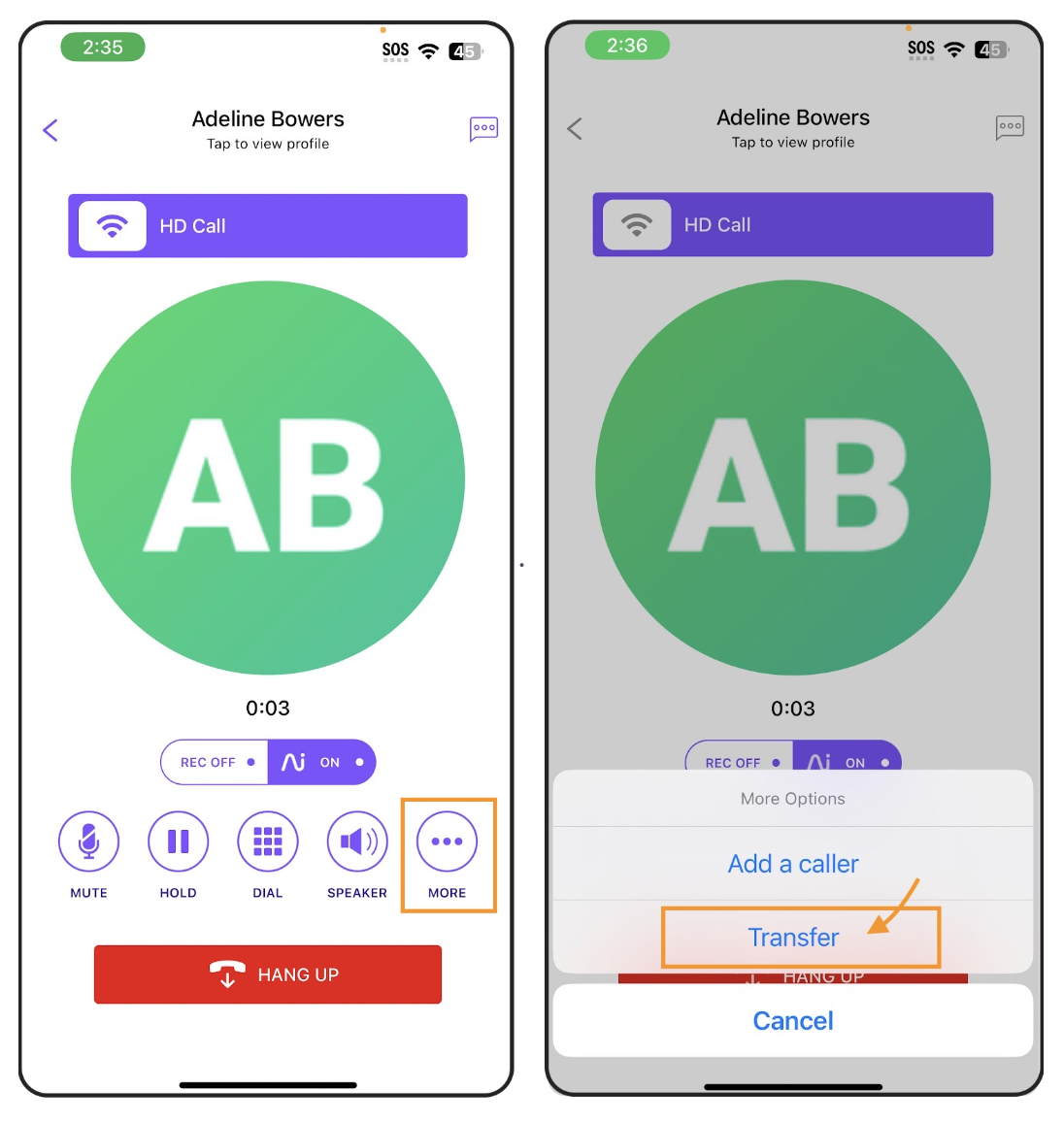Two iPhone screens showing call options in Dialpad iOS: the left screen highlights the 'MORE' button on the call controls, and the right screen highlights the 'Transfer' option in the pop-up menu.