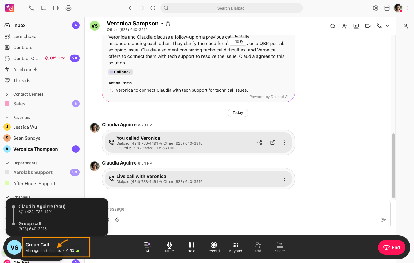Screenshot of an active group call in Dialpad, with an orange arrow and box highlighting 'Group Call - Manage participants' on the bottom action bar.