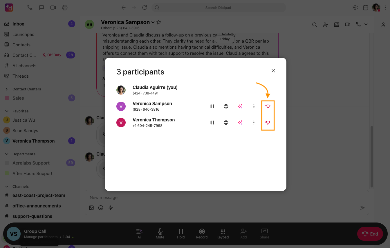 Screenshot of the 3 participants modal in Dialpad, with an orange arrow pointing to a box around red hang-up icons next to each participant for removing them from the call.