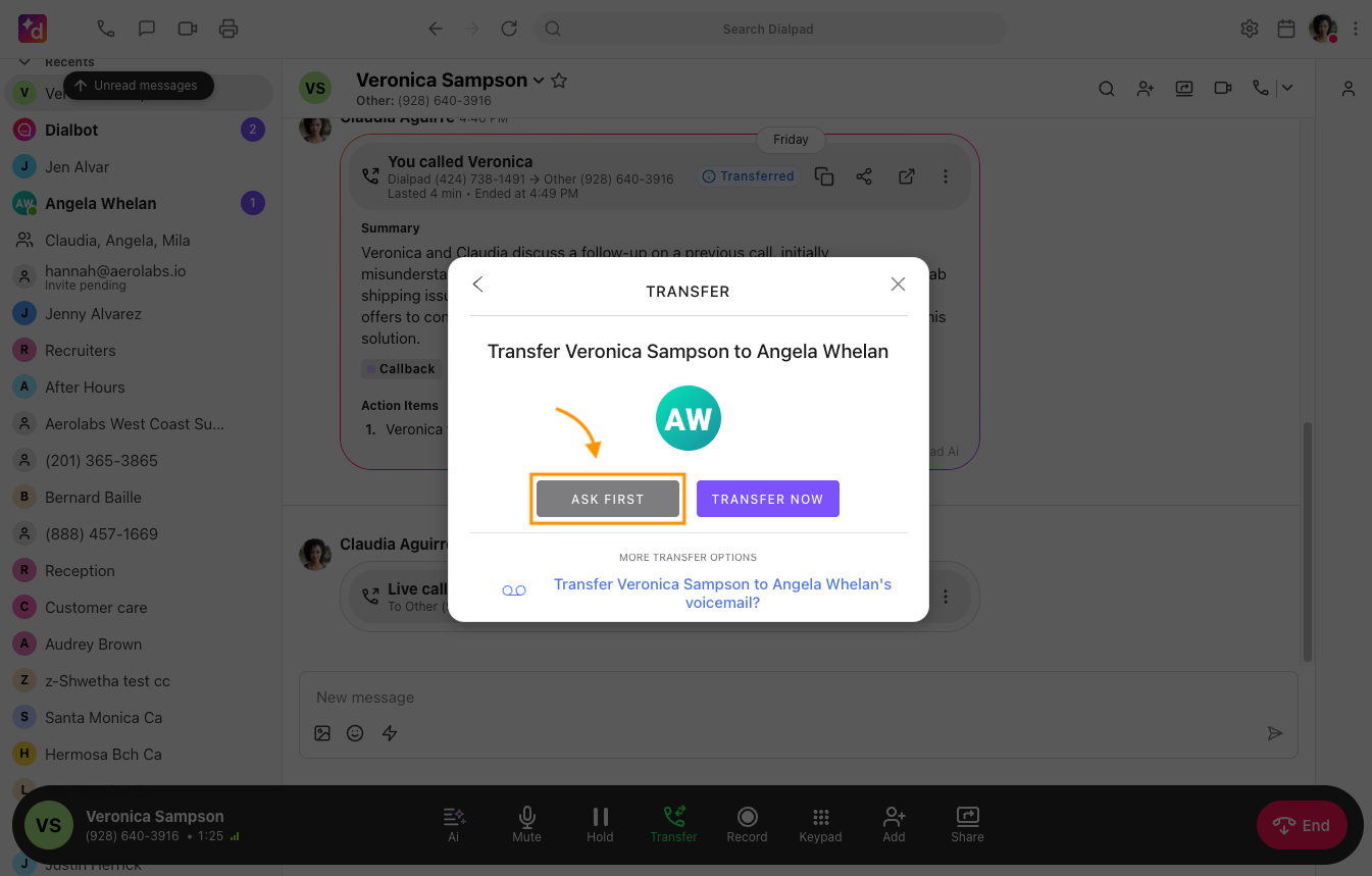 Screenshot of the Dialpad Transfer modal, with an orange arrow and box highlighting the 'ASK FIRST' button next to 'TRANSFER NOW'.