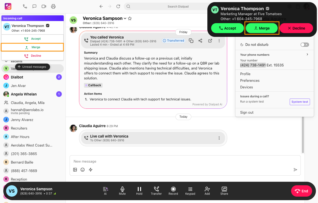 Screenshot of Dialpad showing incoming call notifications, with orange boxes highlighting the 'Merge' button on both the left sidebar alert and top-right pop-up card during an active call.