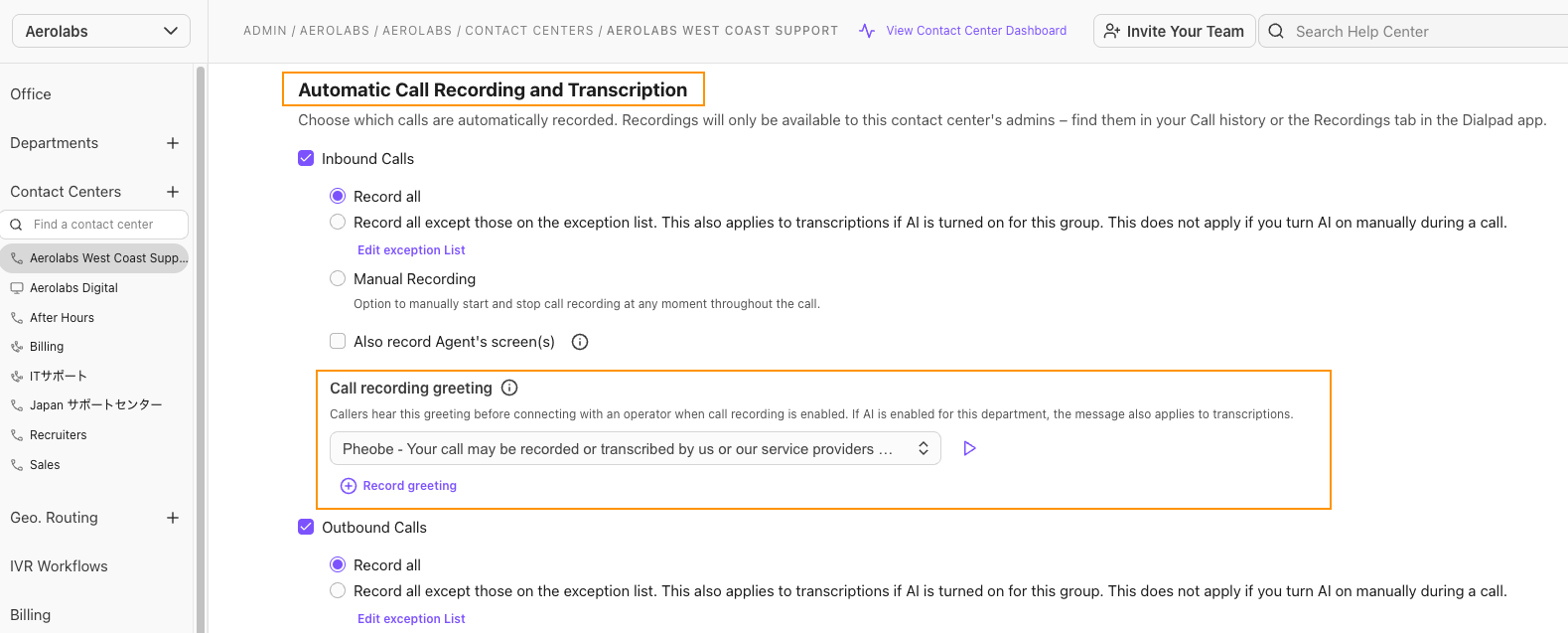 settings for call recording greeting