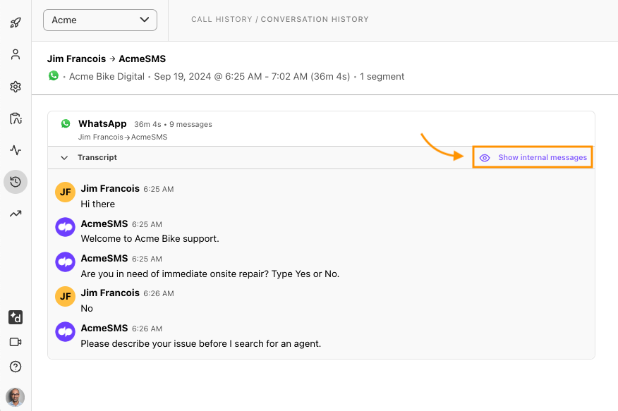 Screenshot of a conversation transcript in Dialpad Conversation History, with an orange arrow and box highlighting the 'Show internal messages' button in the upper right corner.