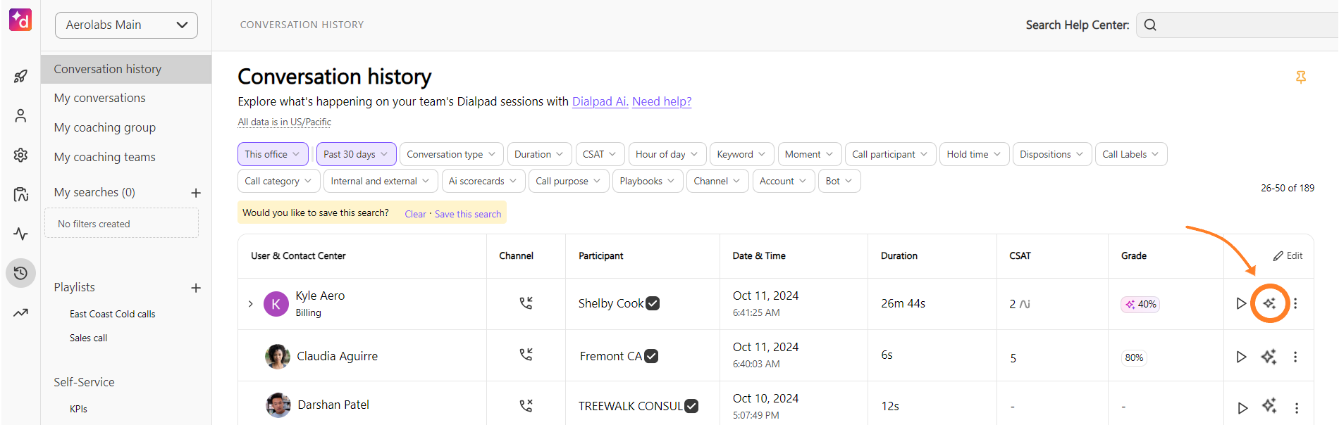 Screenshot of Dialpad's Conversation History table, with an orange arrow and circle highlighting the sparkle AI icon next to a call record to view its AI Summary.