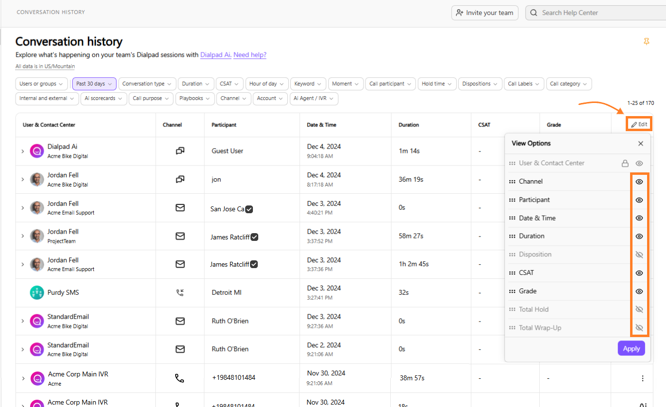 Screenshot of the Dialpad Conversation History table showing the 'View Options' menu open, with an orange arrow and box highlighting the 'Edit' button and an orange box around the eye visibility icons for each column.