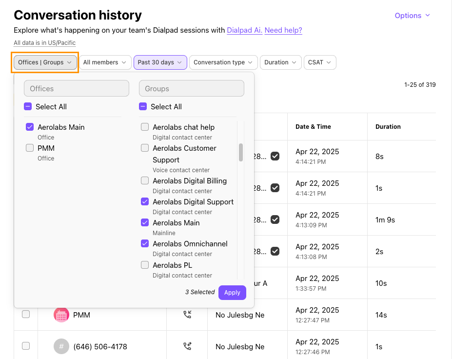 Screenshot of Dialpad's Conversation History showing the 'Offices | Groups' filter dropdown open, with checkboxes selected for specific offices and contact center groups, and an orange box around the filter header.
