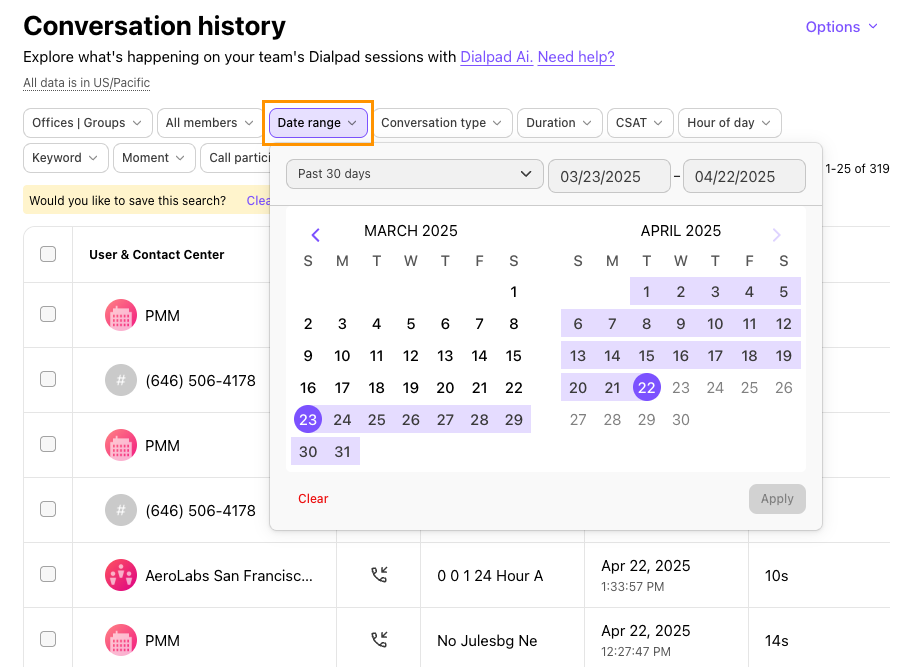 Screenshot of Dialpad's Conversation History page showing the 'Date range' filter pop-up open with a calendar picker, highlighted by an orange box around the 'Date range' filter button.