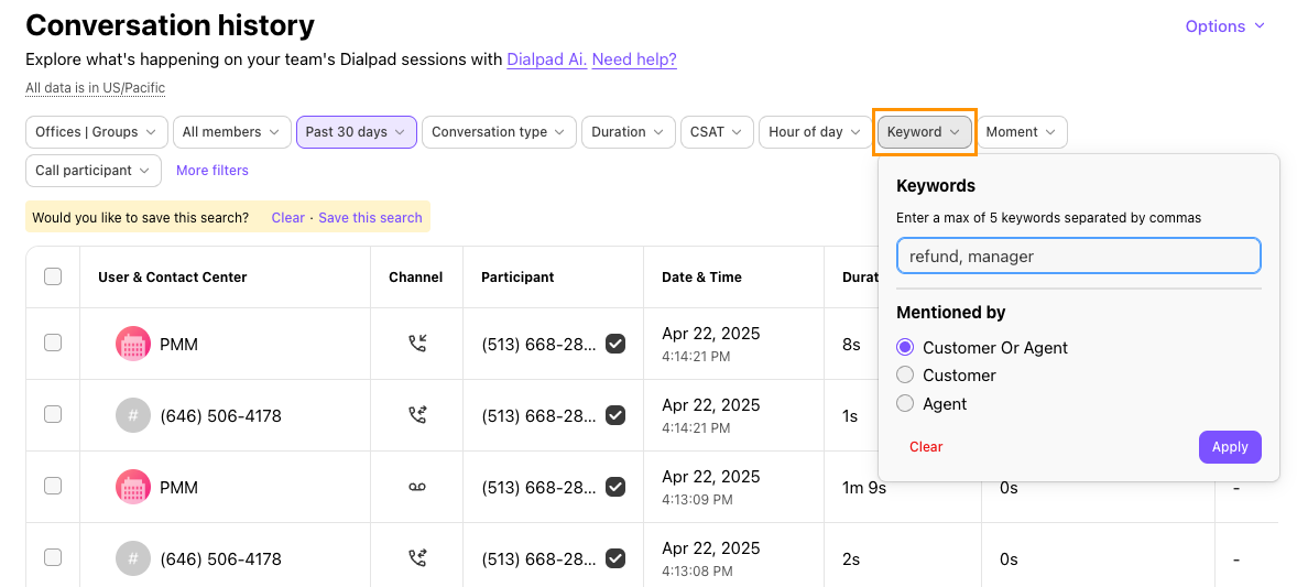 Screenshot of Dialpad's Conversation History page showing the 'Keyword' filter menu open with keywords entered into the text field and speaker options selected, highlighted by an orange box around the 'Keyword' filter button.