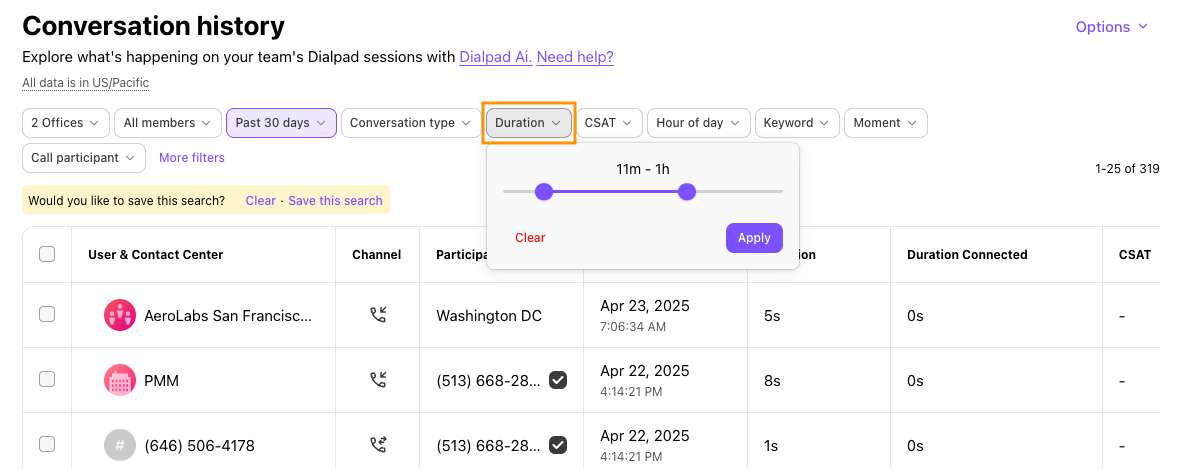 Screenshot of Dialpad's Conversation History page showing the 'Duration' filter pop-up open with a range slider set from 11m to 1h, highlighted by an orange box around the 'Duration' filter button.