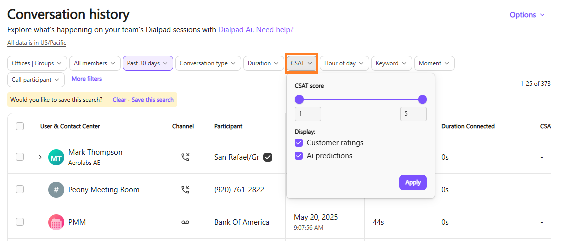 Screenshot of Dialpad's Conversation History page showing the 'CSAT' filter pop-up open with a score slider from 1 to 5 and options for Customer ratings and Ai predictions, highlighted by an orange box around the 'CSAT' filter button.