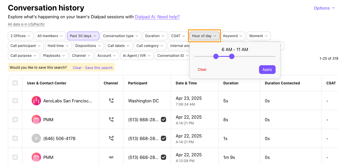 Screenshot of Dialpad's Conversation History page showing the 'Hour of day' filter pop-up open with a time range slider set from 6 AM to 11 AM, highlighted by an orange box around the 'Hour of day' filter button.