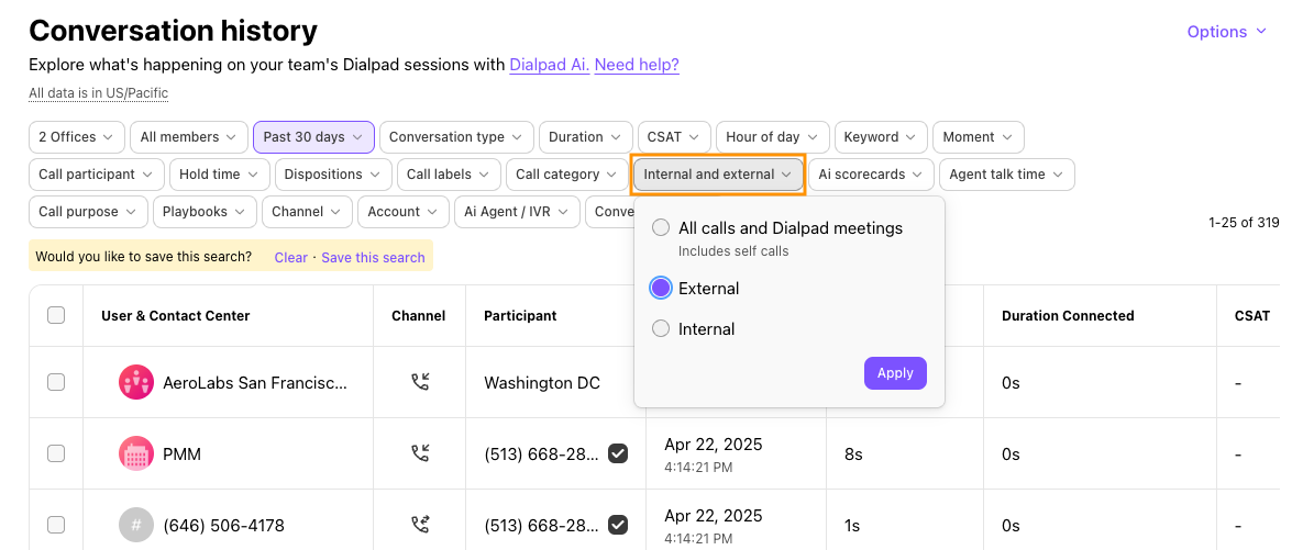 Screenshot of Dialpad's Conversation History page showing the 'Internal and external' filter menu open with radio button options for 'All calls and Dialpad meetings', 'External', and 'Internal', highlighted by an orange box around the 'Internal and external' filter button.