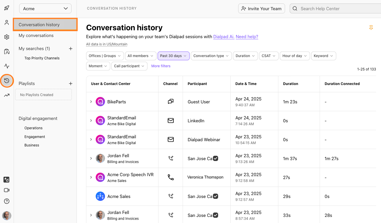 Screenshot of the Dialpad Admin Portal, with orange boxes highlighting the clock history icon on the far-left navigation bar and 'Conversation history' at the top of the left menu.