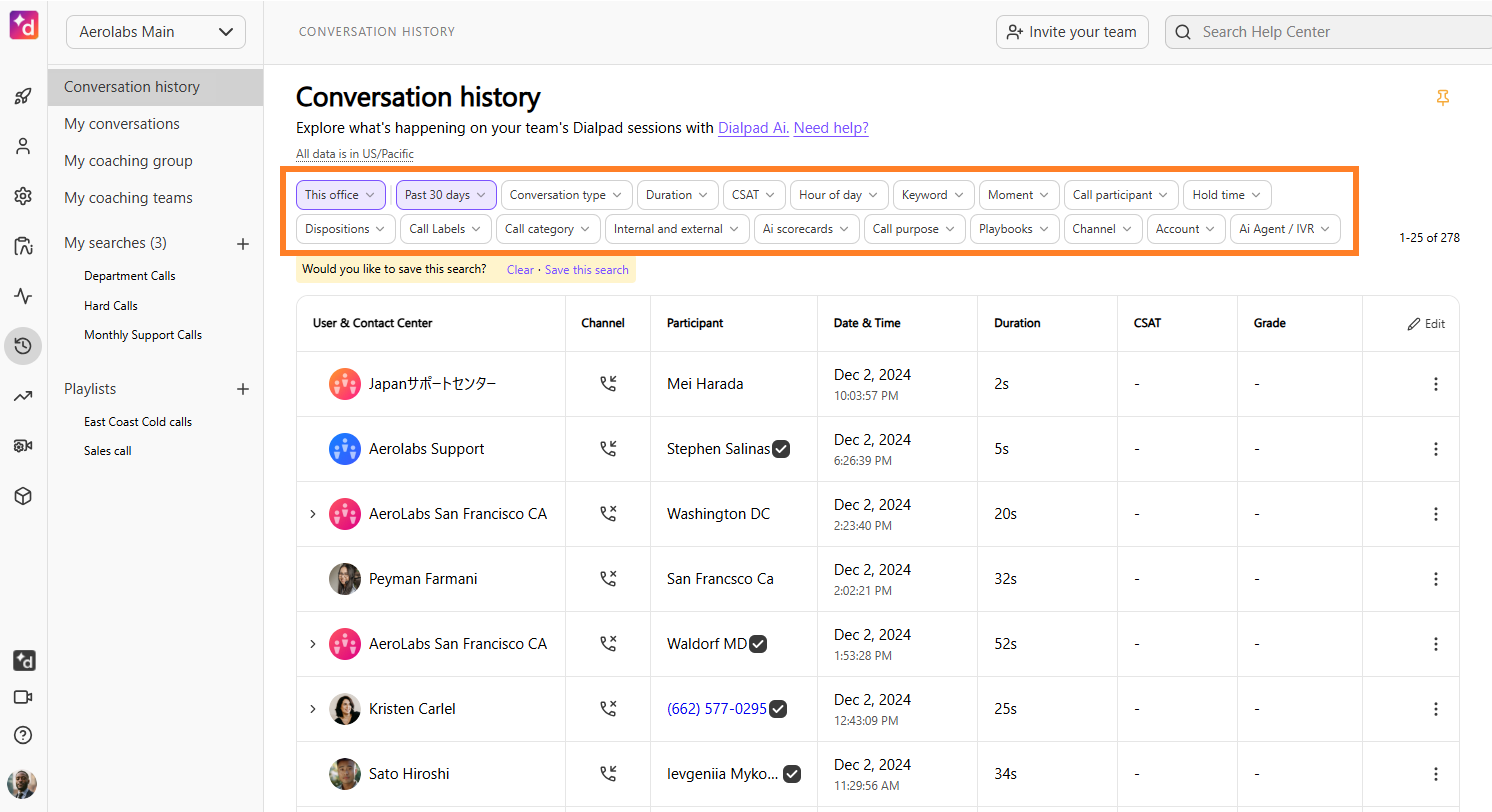 Screenshot of Dialpad's Conversation History page, with an orange box highlighting the filter dropdown buttons including office location, date range, conversation type, and duration.