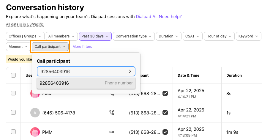 Screenshot of Dialpad's Conversation History page showing the 'Call participant' filter menu open with a phone number entered into the search field, highlighted by an orange box around the 'Call participant' filter button.