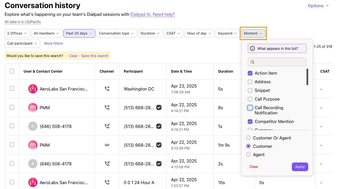 Screenshot of Dialpad's Conversation History page showing the 'Moment' filter menu open with checkboxes for moments like Action Item and Competitor Mention, highlighted by an orange box around the 'Moment' filter button.