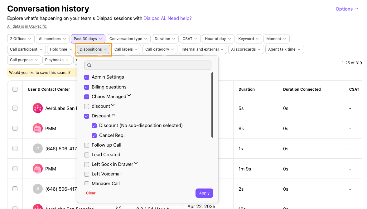 Screenshot of Dialpad's Conversation History page showing the 'Dispositions' filter menu open with checkboxes selected for categories like Admin Settings, Billing questions, and Discount, highlighted by an orange box around the 'Dispositions' filter button.