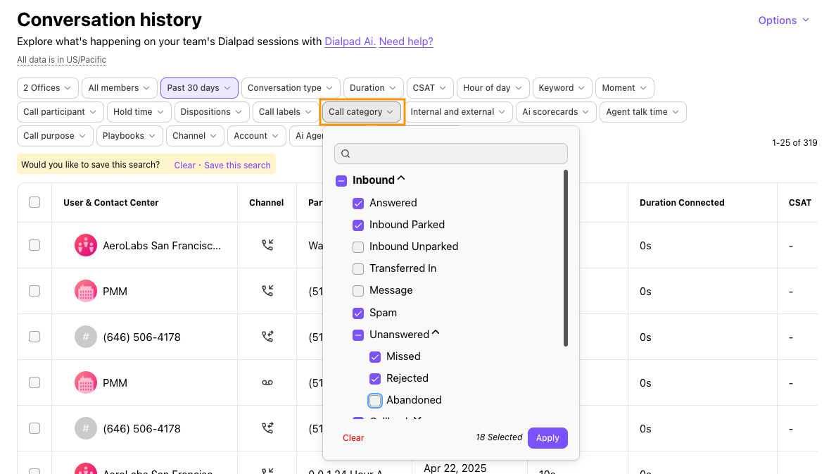 Screenshot of Dialpad's Conversation History page showing the 'Call category' filter menu open with options under Inbound and Unanswered categories like Answered, Spam, and Missed, highlighted by an orange box around the 'Call category' filter button.
