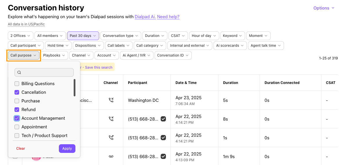 Screenshot of Dialpad's Conversation History page showing the 'Call purpose' filter dropdown open with checkboxes for categories like Cancellation, Refund, and Account Management, highlighted by an orange box around the 'Call purpose' filter button.