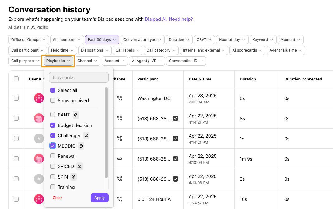 Screenshot of Dialpad's Conversation History page showing the 'Playbooks' filter dropdown open with checkboxes selected for options like Budget decision, Challenger, and MEDDIC, highlighted by an orange box around the 'Playbooks' filter button.