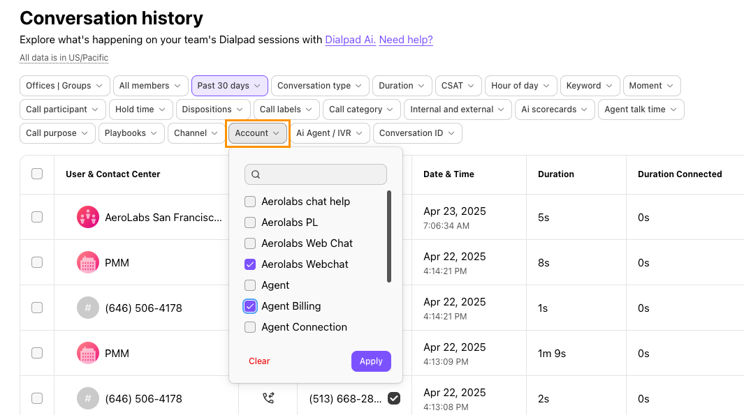 Screenshot of Dialpad's Conversation History page showing the 'Account' filter dropdown open with checkboxes selected for options like Aerolabs Webchat and Agent Billing, highlighted by an orange box around the 'Account' filter button.