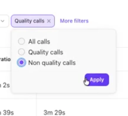 Screenshot of Dialpad's Conversation History page showing the 'Quality calls' filter menu open with radio options for 'All calls', 'Quality calls', and 'Non quality calls', with 'Non quality calls' selected.