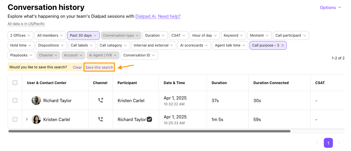 Screenshot of Dialpad's Conversation History page showing active filters, with an orange box and arrow pointing to the 'Save this search' link beneath the filter bar.