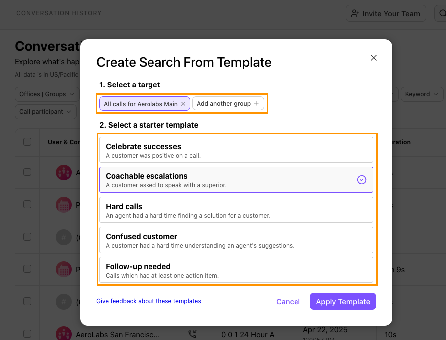 Screenshot of Dialpad's 'Create Search From Template' modal window showing target selection and starter templates like 'Celebrate successes' and 'Coachable escalations', highlighted by orange boxes around the target and template sections.