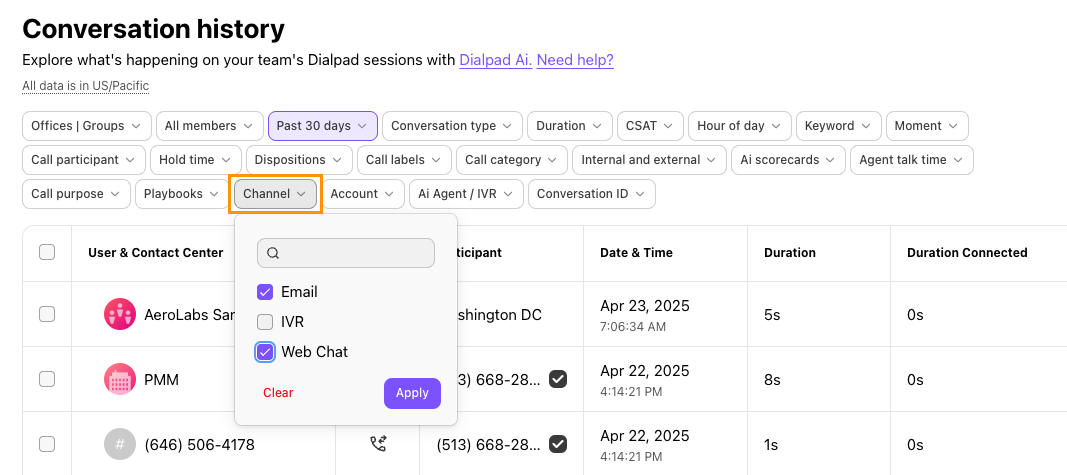 Screenshot of Dialpad's Conversation History page showing the 'Channel' filter dropdown open with checkboxes selected for Email and Web Chat, highlighted by an orange box around the 'Channel' filter button.